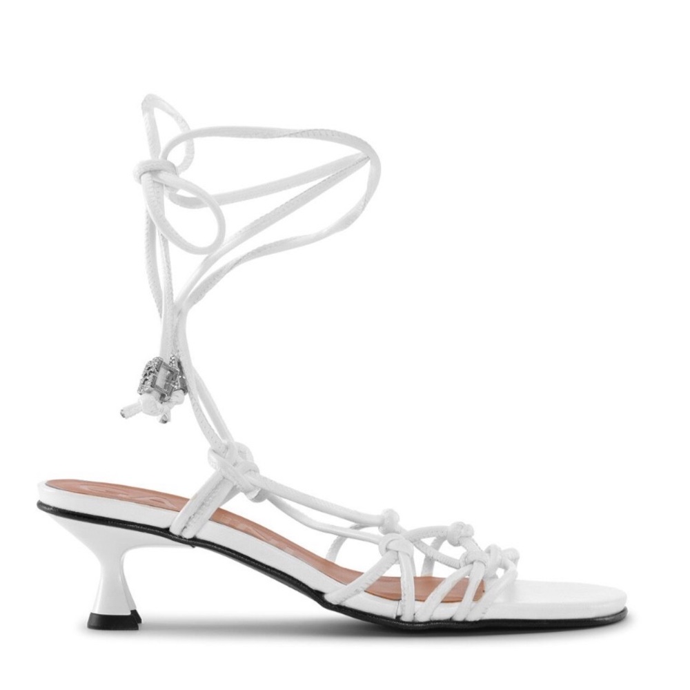 Ganni White Leather Knot Detail Strappy Sandals with Crystal Logo Detail